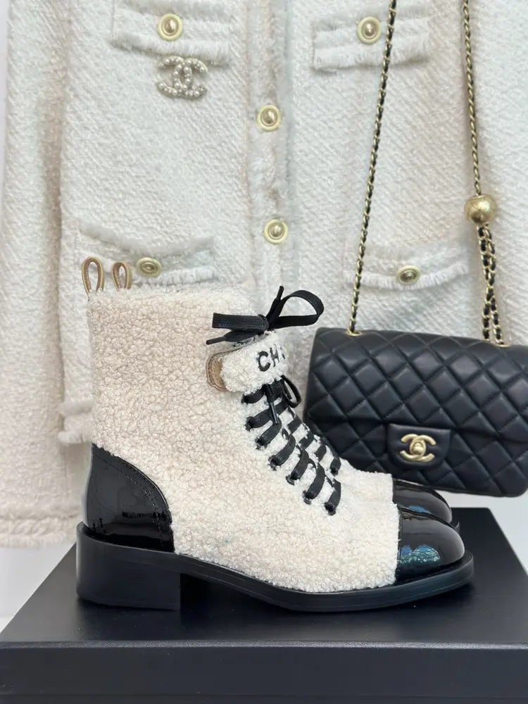 Chanel color-blocked lace-up furry thick-heeled short boots