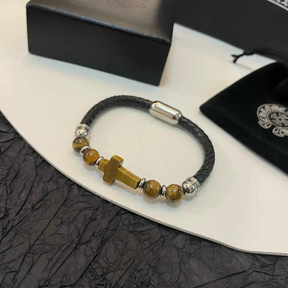 Chrome Hearts Tiger Eye Cross Leather Bracelet