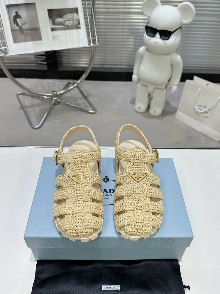 Prada Pig Cage Shoes Sawtooth Roman Braided Thick-soled Rubber Sandals Retro