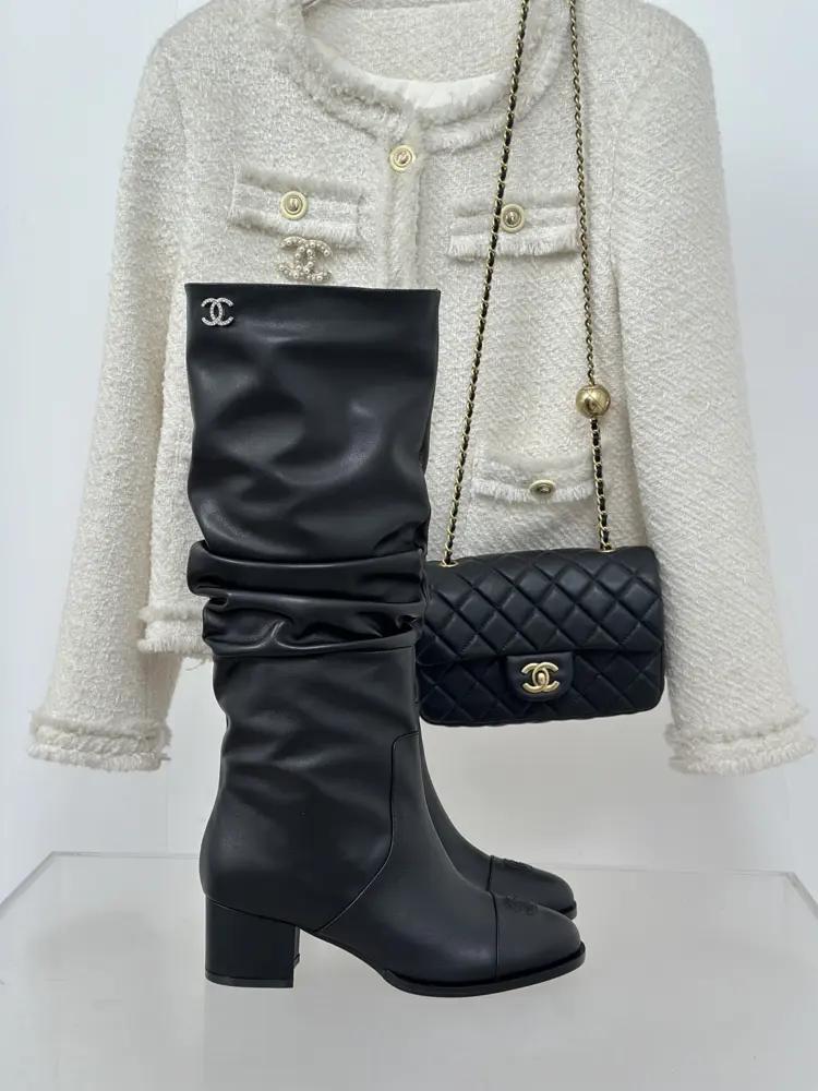 Chanel color-blocked double C stacked boots
