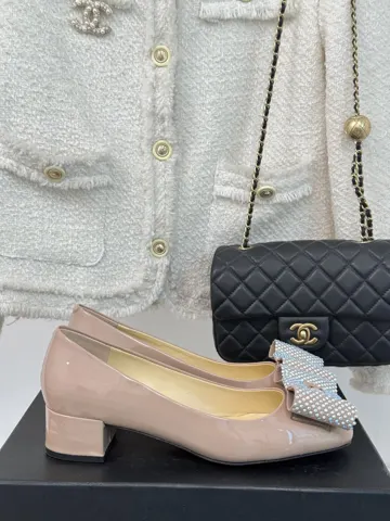Chanel rhinestone bow-knot thick-heeled shoes