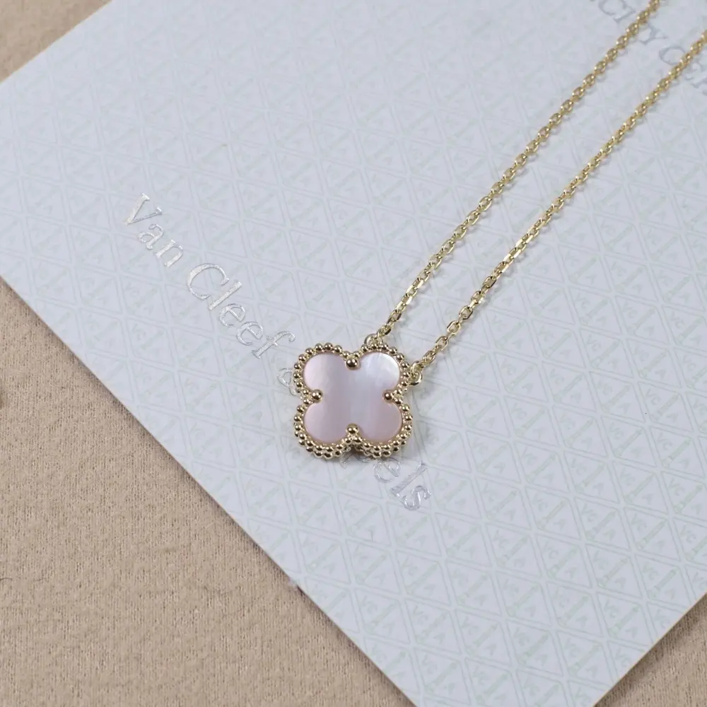 Van Cleef & Arpels Pink Mother-of-Pearl Single Flower Four-Leaf Clover Necklace