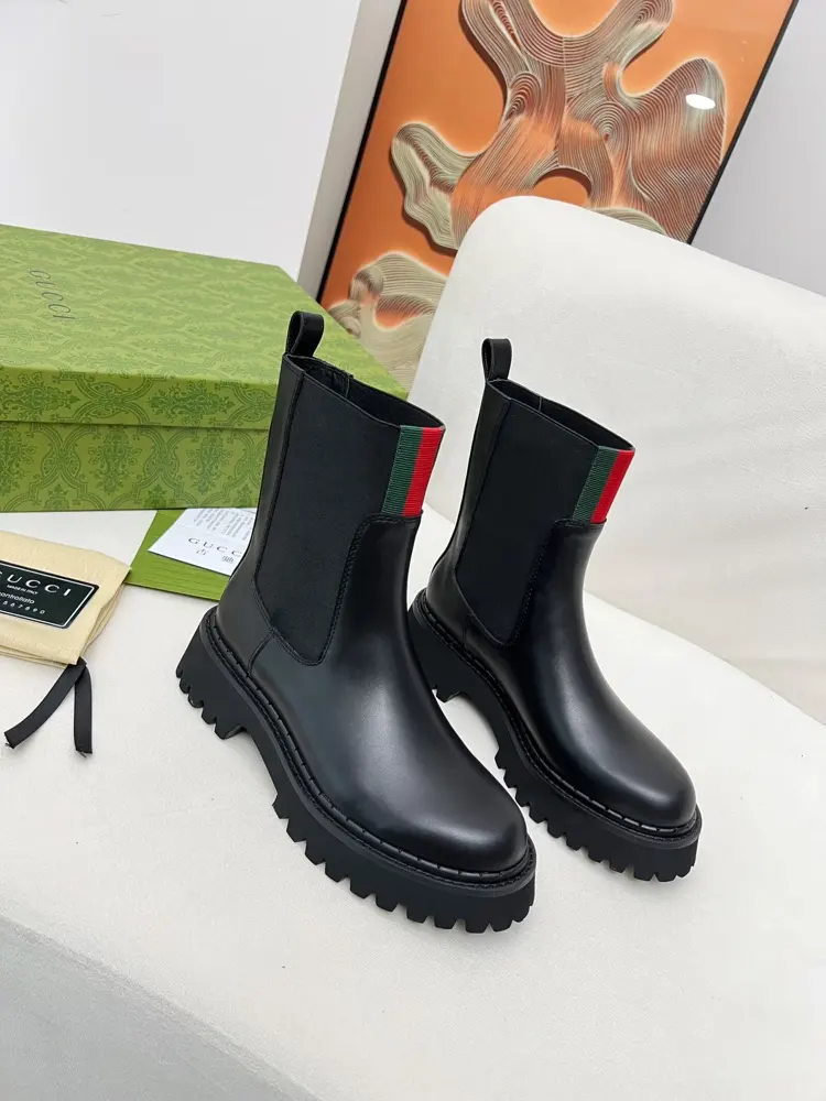 autumn and winter latest GUCCI red and green webbing elastic short boots grooved