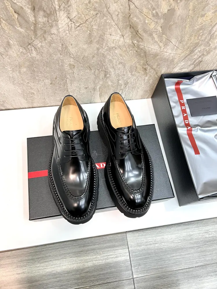 Prada Derby carved men’s shoes|Hand-brushed open-edge pearl cowhide leather surface|Full
