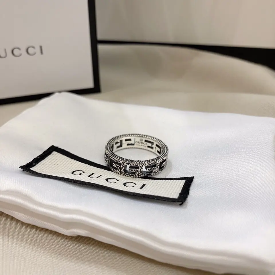 Gucci 925 sterling silver square G distressed hollow narrow ring