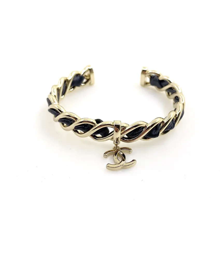 Chanel black leather cc bracelet