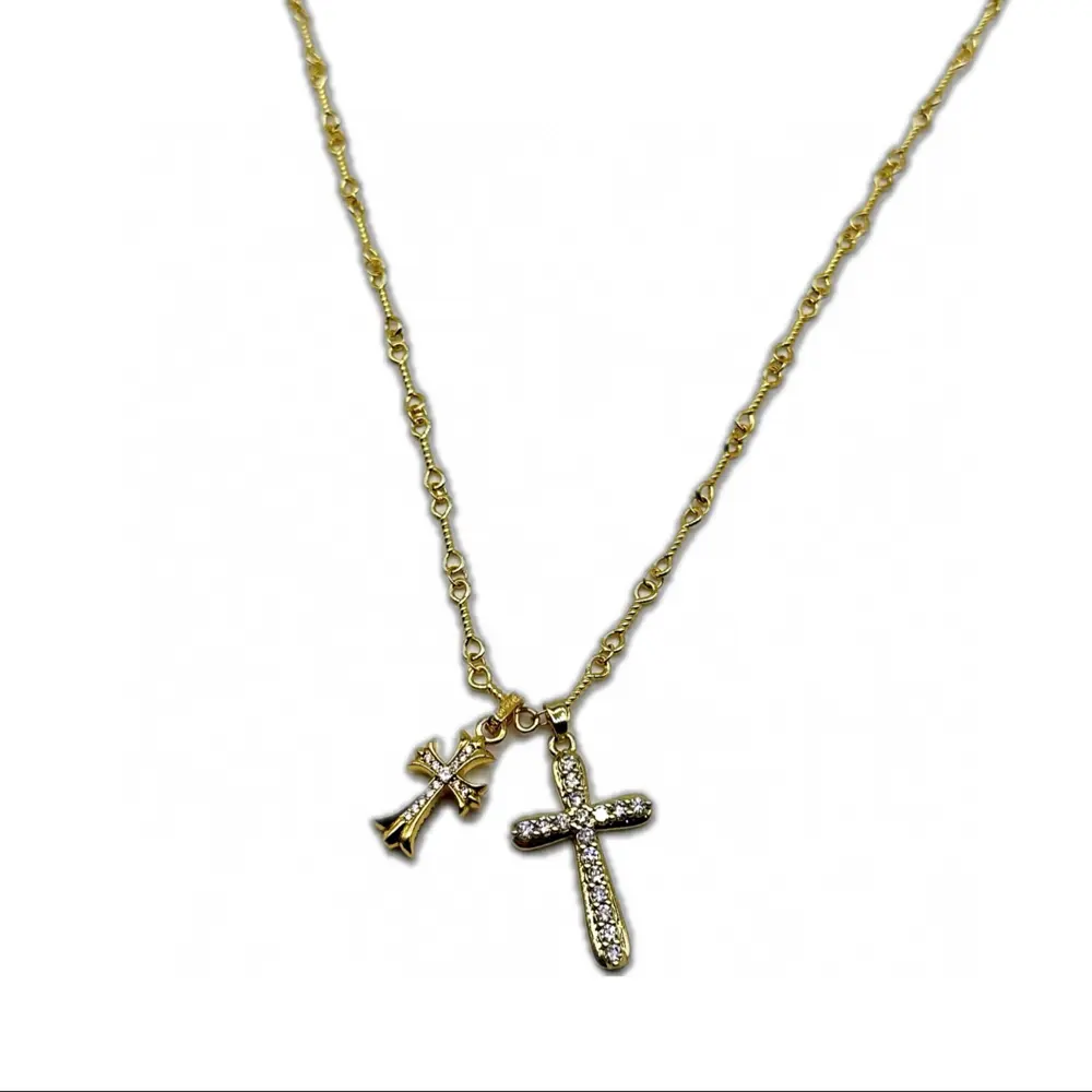 Chrome Hearts 22K gold pin diamond-studded paper clip clavicle necklace and couple bamboo
