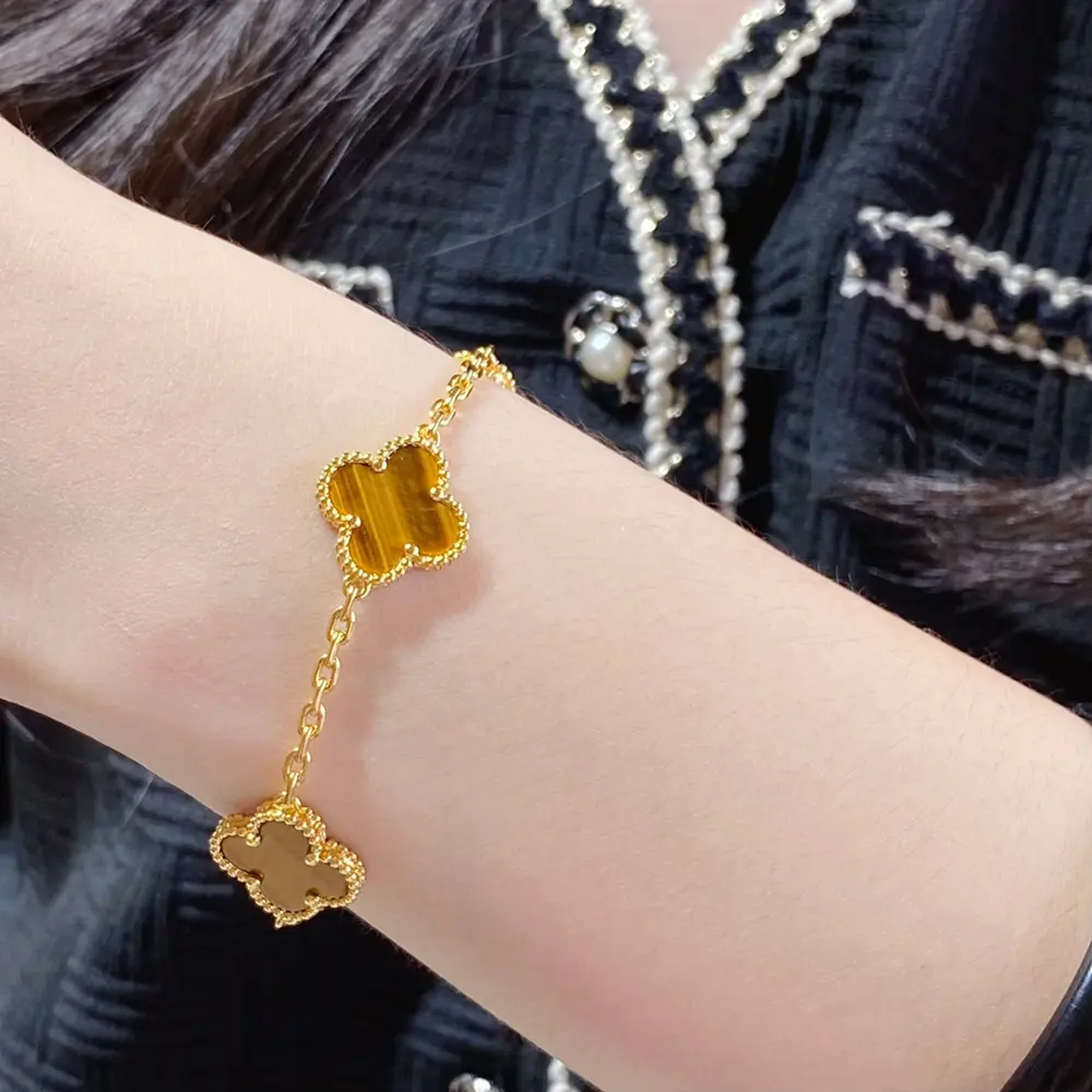 Van Cleef & Arpels Natural Yellow Tiger Eye Clover Bracelet
