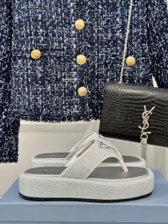 Prada classic triangle logo rhinestone slippers series