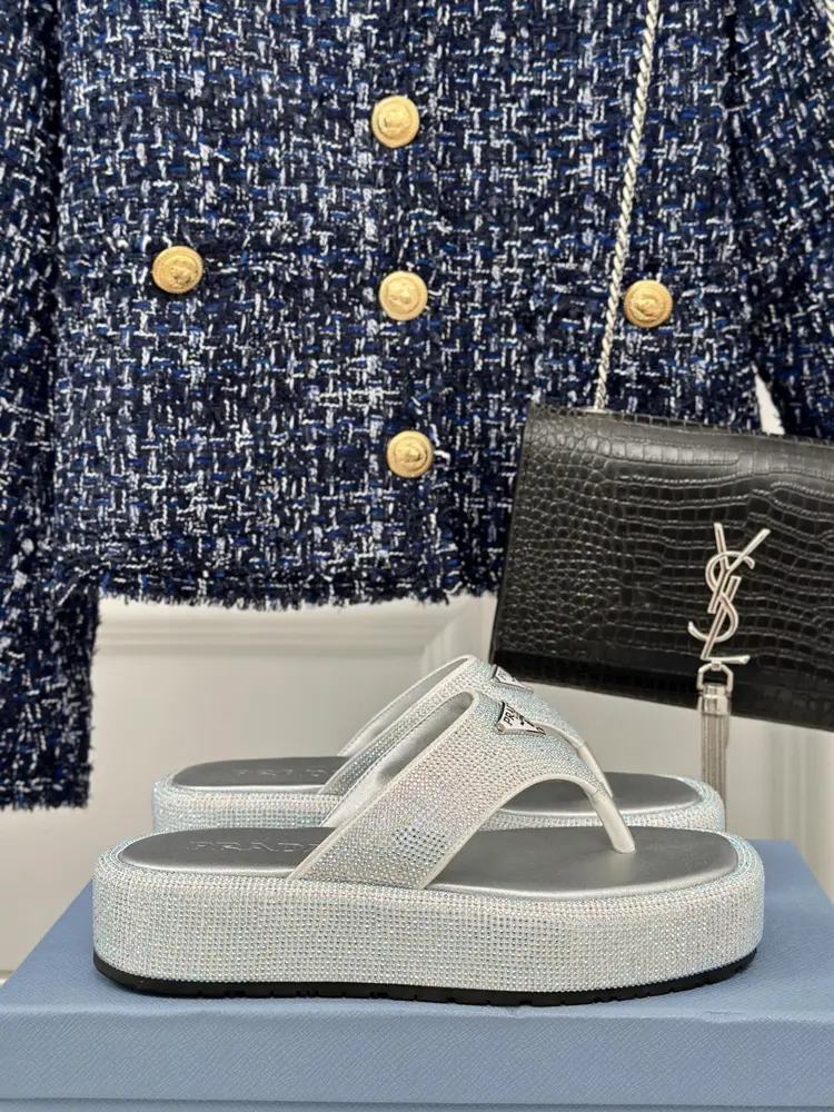 Prada classic triangle logo rhinestone slippers series