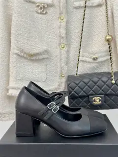 Chanel classic color-blocked double-strap thick-heeled Mary Jane shoes