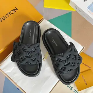 Louis Vuitton Velcro Denim Checkerboard Embossed Bread Flat Sandals