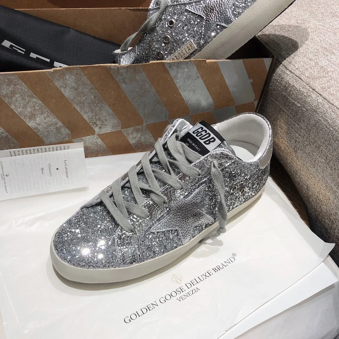 Golden Goose Silver Grid Pink Star Couple Style Shoes