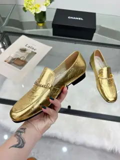 Chanel black calfskin double C chain flat loafers