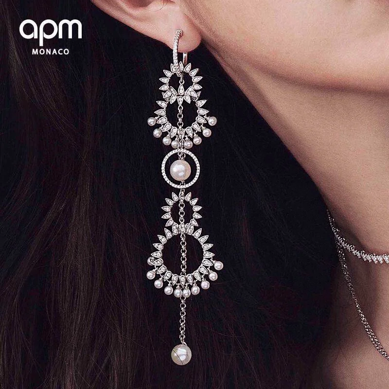 Apm monaco Asymmetric Sun Drop Pearl Long Earrings with Hoops Hand-painted White Zirconia