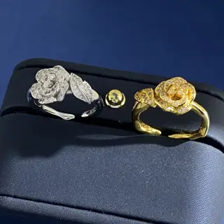 DIOR Korean fashion exquisite diamond flower leaf camellia element open ring Brass material