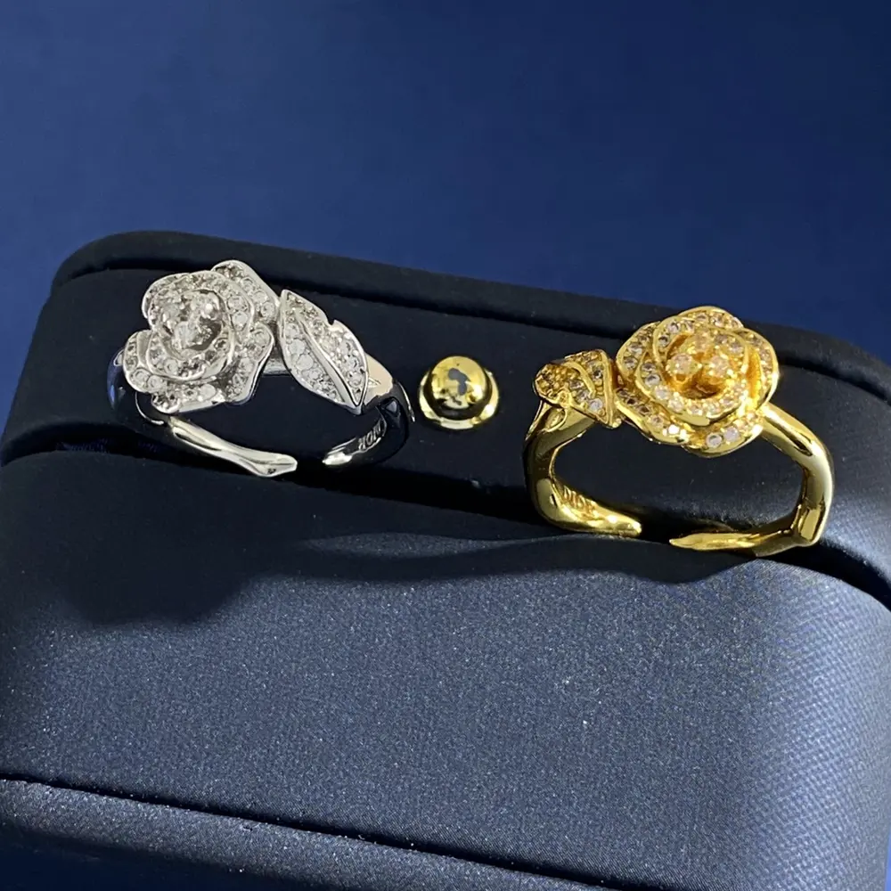 DIOR Korean fashion exquisite diamond flower leaf camellia element open ring Brass material