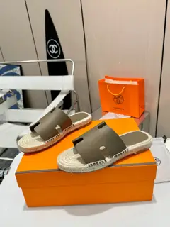 Hermès H-shaped hemp rope woven leather sole slippers