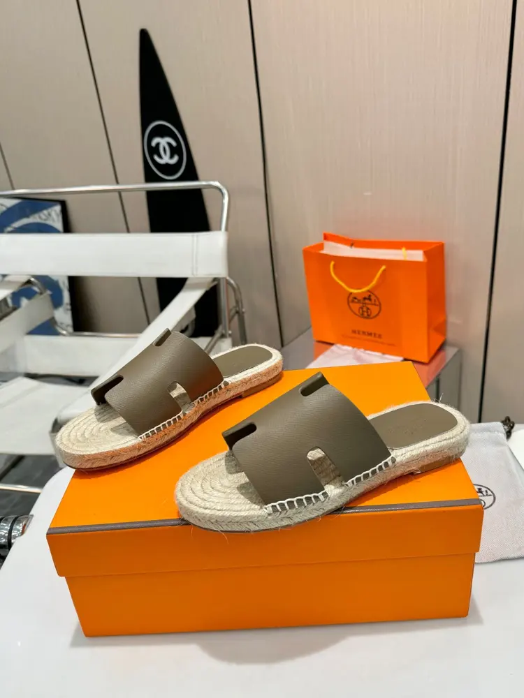 Hermès H-shaped hemp rope woven leather sole slippers