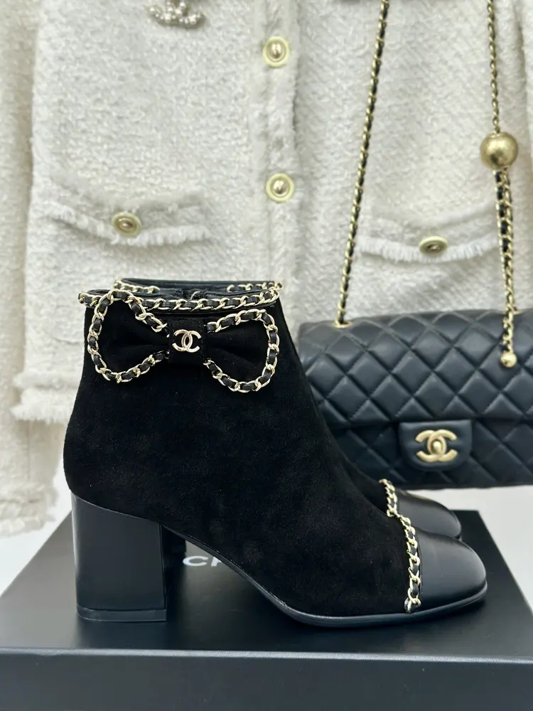 Chanel Chain Bowknot Chunky Heeled Short Boots