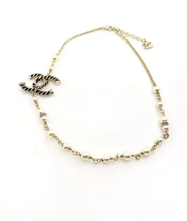 Chanel black leather cc pearl necklace