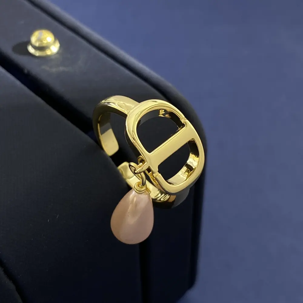 Dior fashion personality metal polished CD letter hanging teardrop-shaped pearl open ring