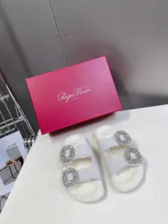 Roger Vivier Double-buckle Furry Slippers A classic double-row diamond-buckle slipper that