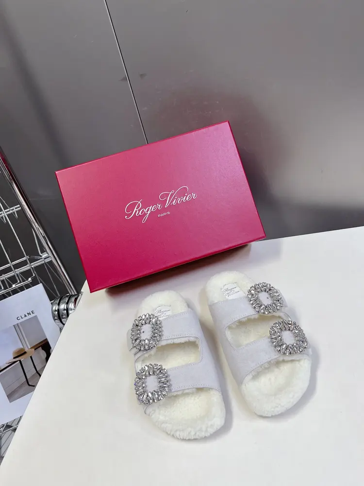 Roger Vivier Double-buckle Furry Slippers A classic double-row diamond-buckle slipper that