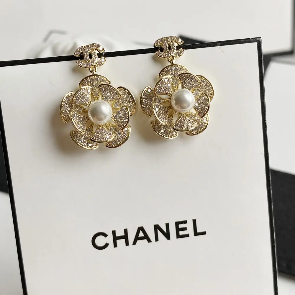 Chanel Camellia full diamond pearl stud earrings