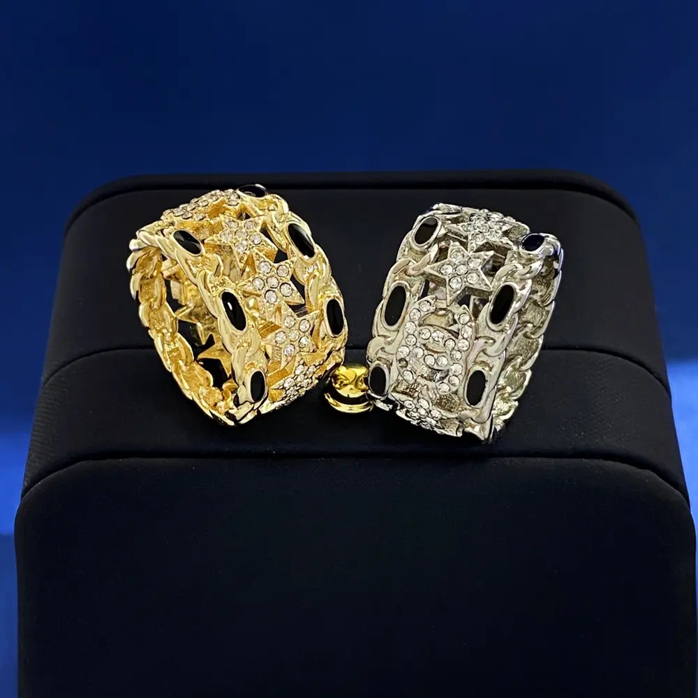 Chanel Double C full diamond five-pointed star braided chain leather hollow ring width
