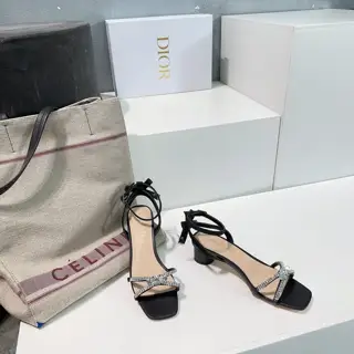 Dior bowknot crystal diamond round heel sandals high heels