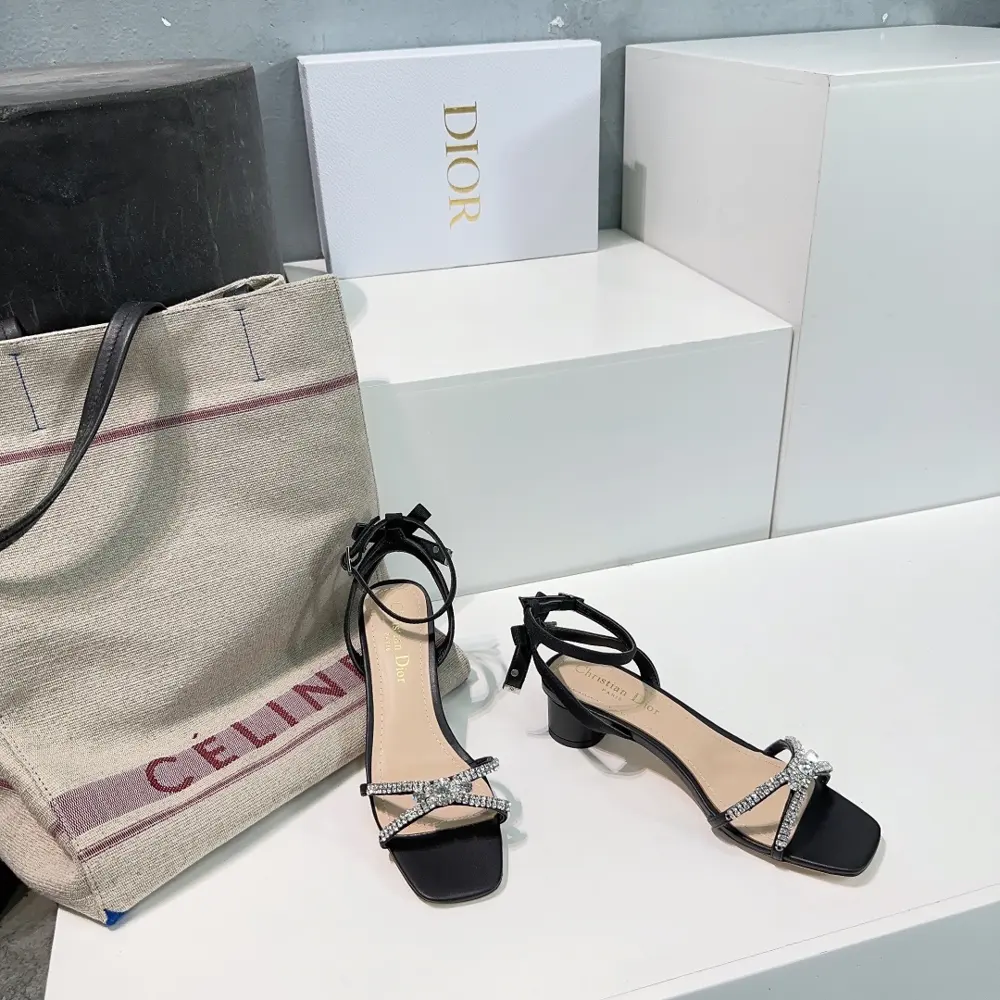 Dior bowknot crystal diamond round heel sandals high heels