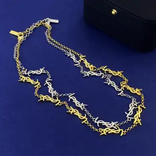 Yves Saint Laurent metallic glossy YSL letter string logo thin flat chain necklace