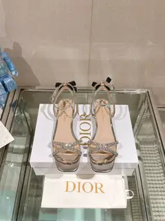 Dior rhinestone back bow round heel sandals