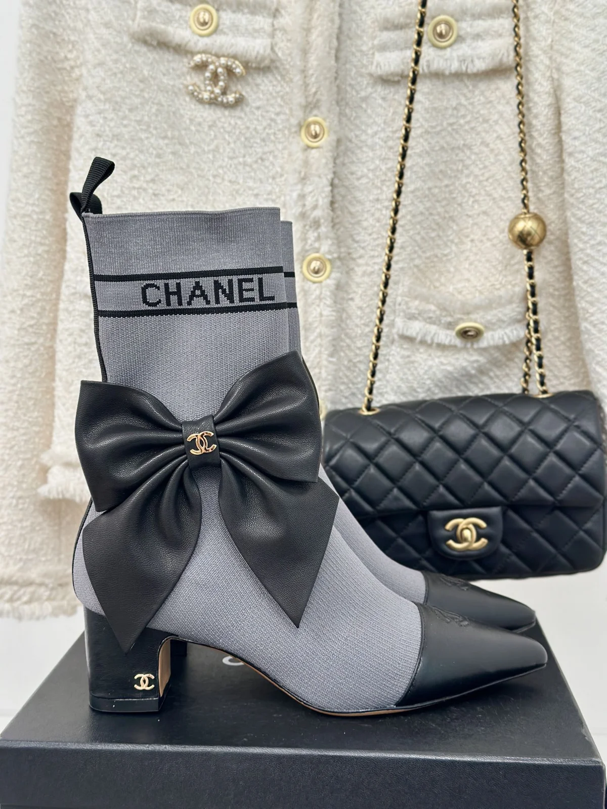 Chanel high-heeled bowknot sock boots
