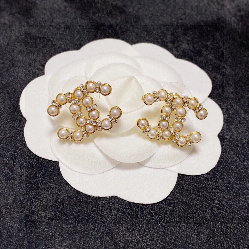 Chanel Double C Crystal Diamond Rice-Grain Interval Pearl Stud Earrings