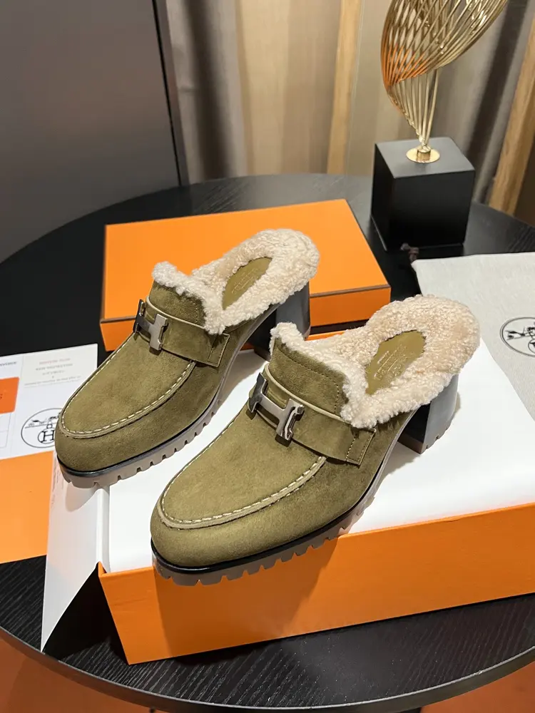 Hermès wool half slippers H wool slippers H buckle series