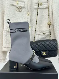 Chanel Metal Double C Pointed Thick Heel Sock Boots