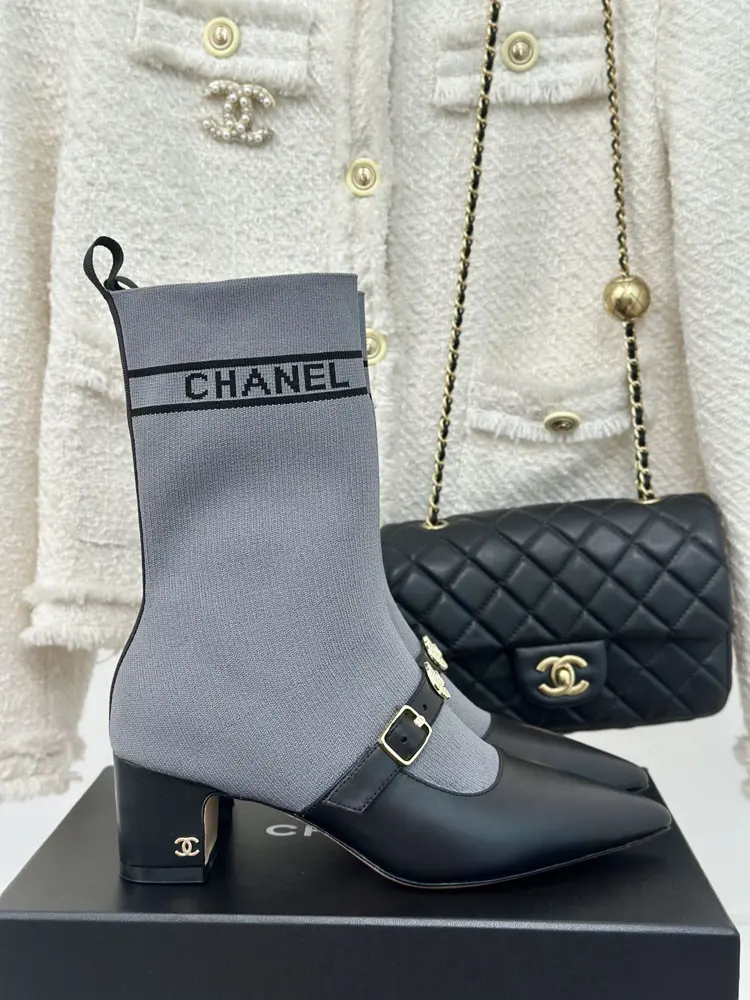 Chanel Metal Double C Pointed Thick Heel Sock Boots