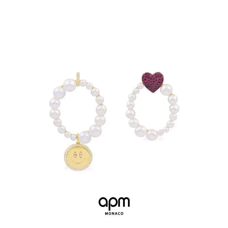 Apm monaco love smile asymmetrical pearl earrings original custom hand-made micro-inlaid