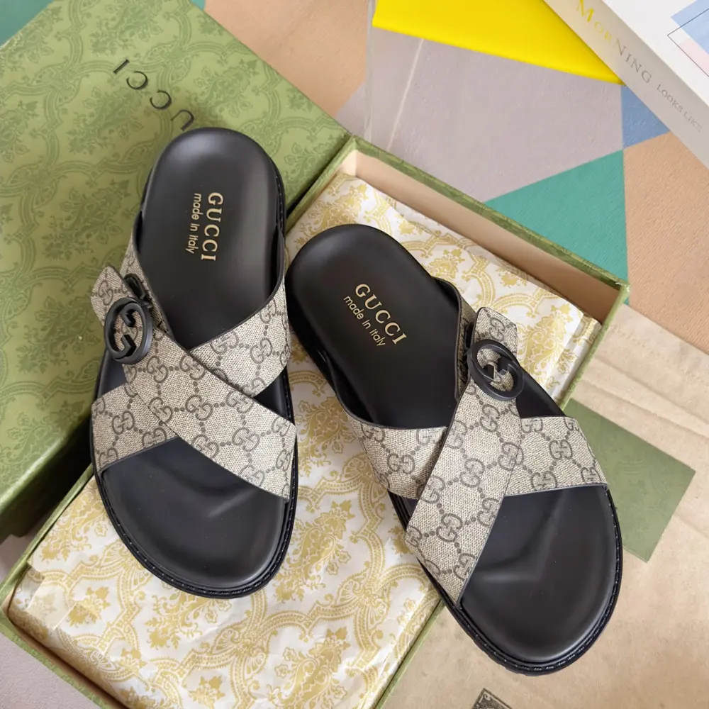 Gucci Double G Presbyopic Flip Flops Cross Sandals Thick Sole Slippers Beach Shoes