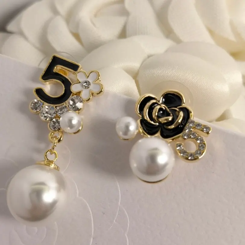 Chanel No. 5 letter camellia full diamond pearl earrings