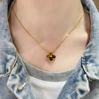 Van Cleef & Arpels natural yellow tiger eye diamond four-leaf clover necklace
