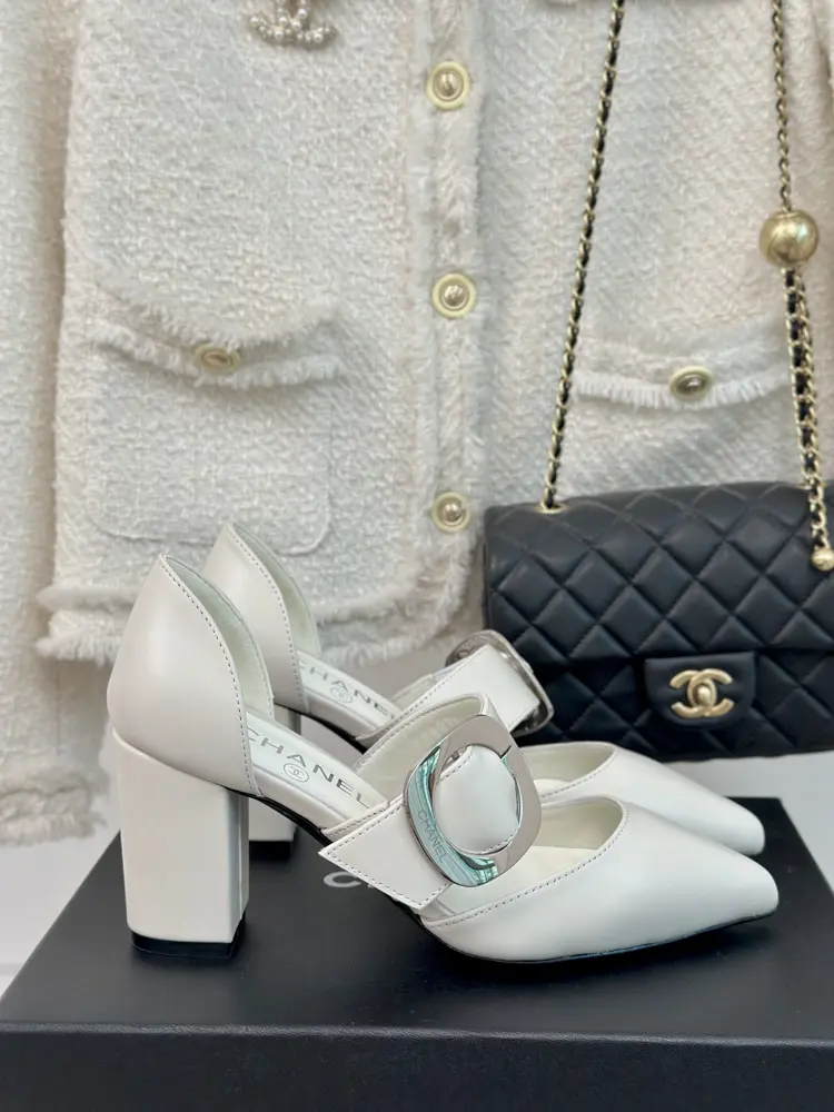 Chanel pointed toe thick heel sandals