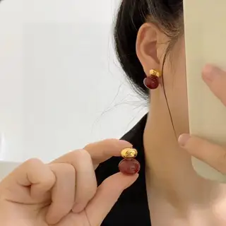 Celine Arc de Triomphe Antique Gold New Year Red Oval Earrings