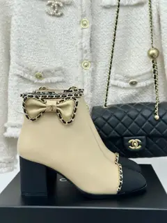 Chanel Chain Bowknot Chunky Heeled Short Boots