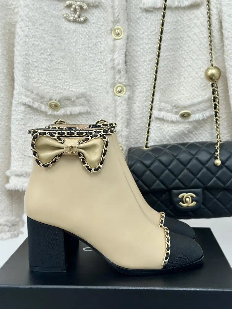 Chanel Chain Bowknot Chunky Heeled Short Boots