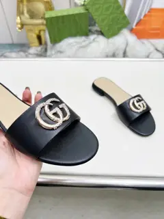 Gucci 2025 Spring/Summer new style double G buckle round toe flat thick heel slippers