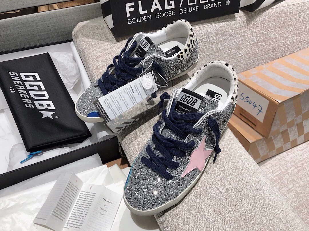Golden Goose Silver Grid Pink Star Couple Style Shoes