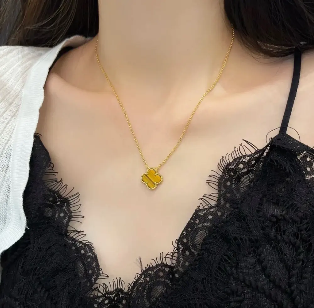 Van Cleef & Arpels Natural Yellow Tiger Eye Clover Necklace